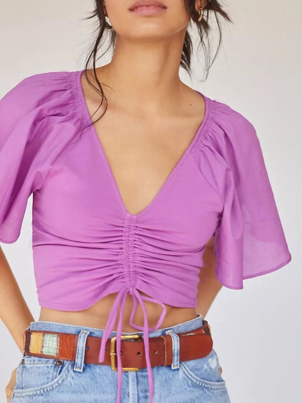 Maeve by Anthropologie Cinched Flutter-Sleeve Ruched Top Purple Women's - XS